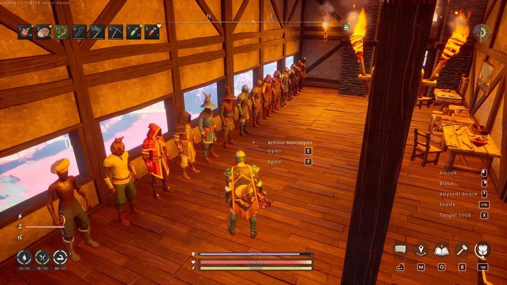 Multiple RuneScape: Dragonwilds armor sets displayed on mannequins in an in-game hall