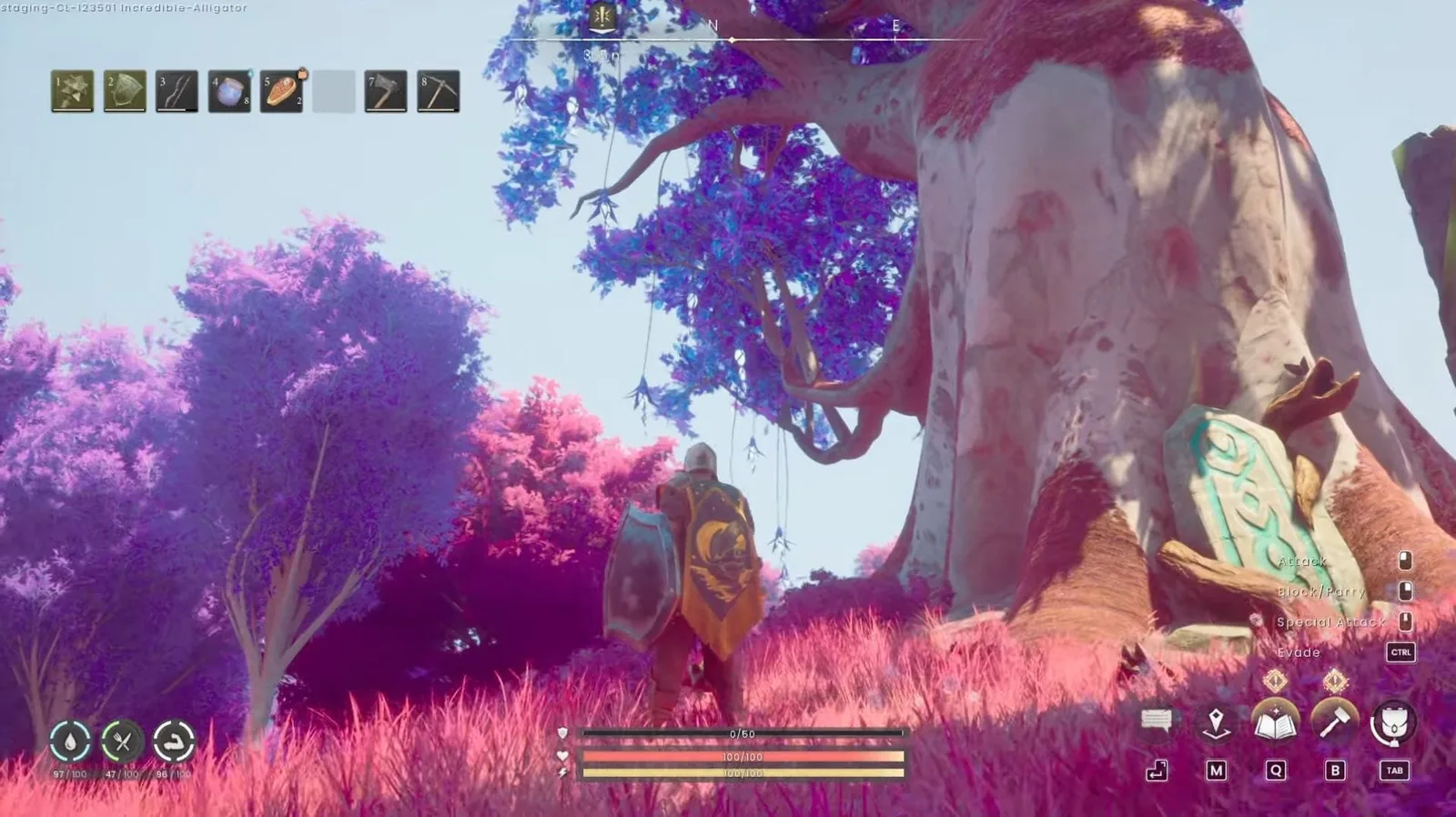 Player facing a large purple-leaved anima tree in RuneScape Dragonwilds