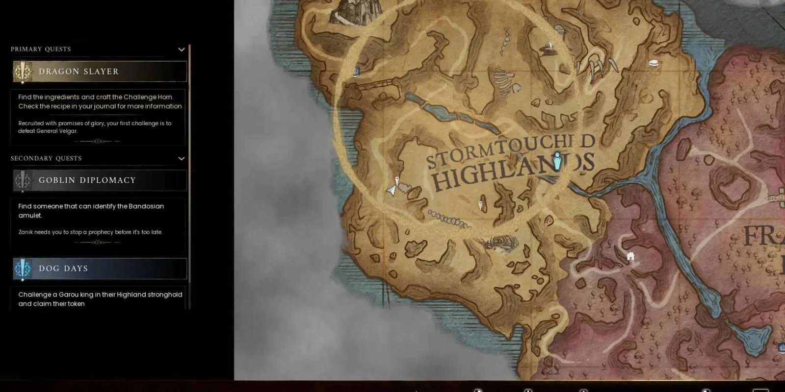Map showing the Dragon Tooth objective in western Stormtouched Highlands