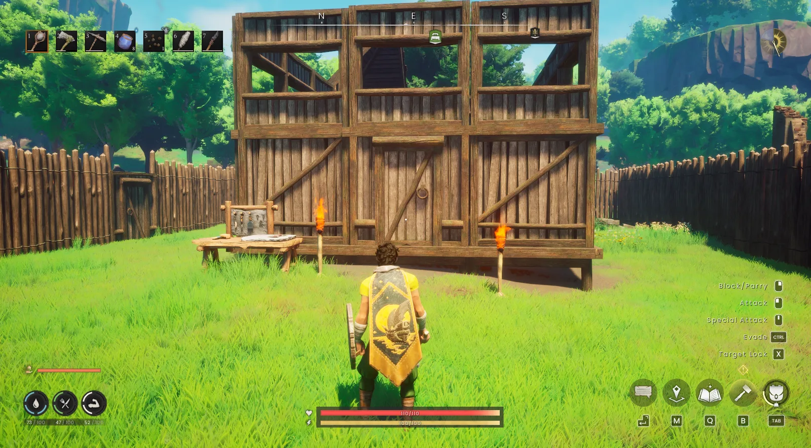 Early enclosed wooden shelter with a Crafting Table outside