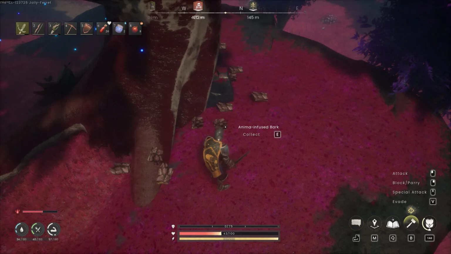 Anima-Infused Bark pickups on the ground beneath a large tree with a Collect prompt