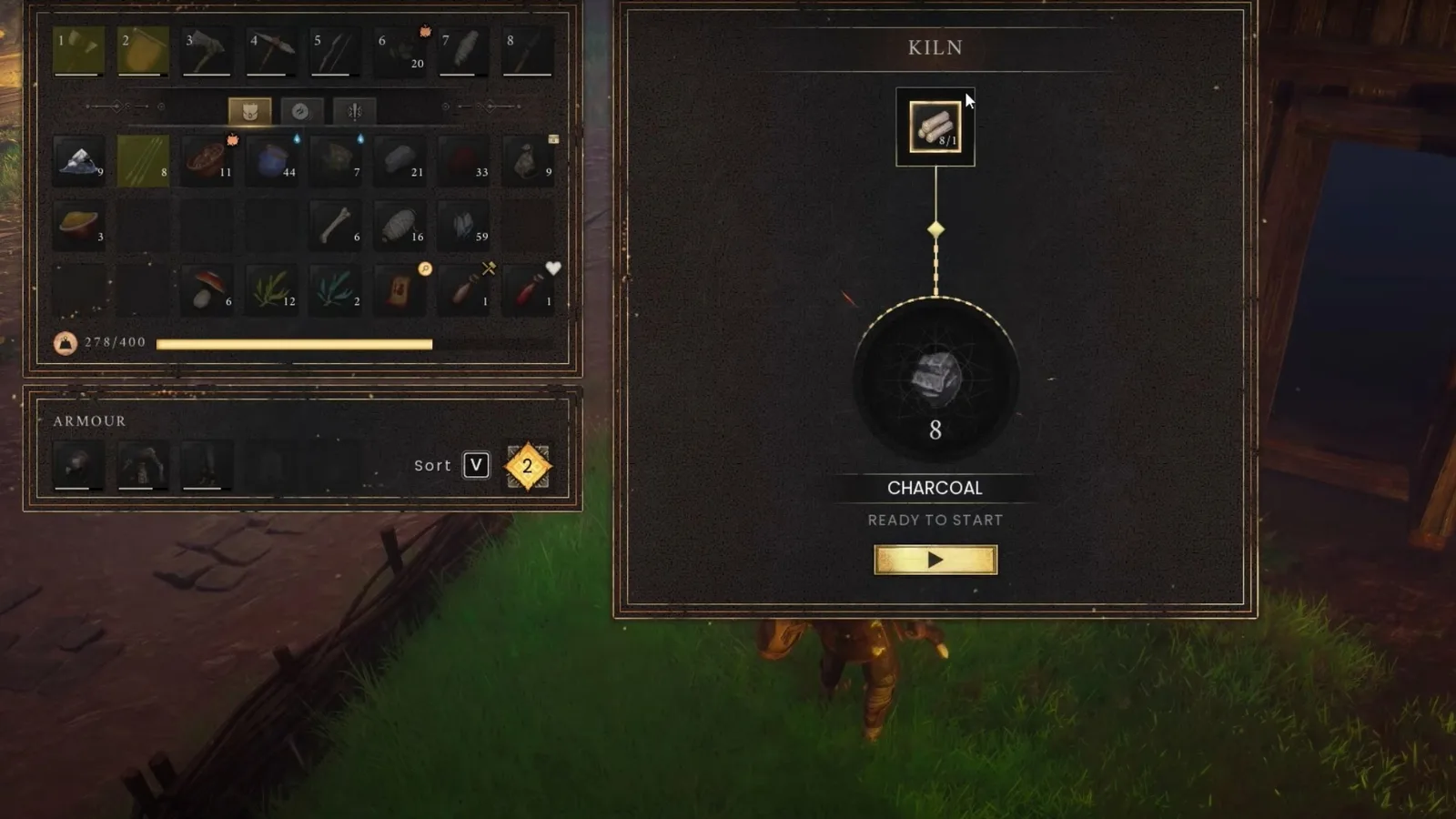 RuneScape: Dragonwilds Kiln interface with logs loaded and Charcoal ready to start
