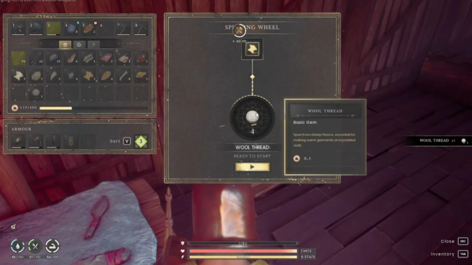 Spinning Wheel interface showing Wool Thread as the output