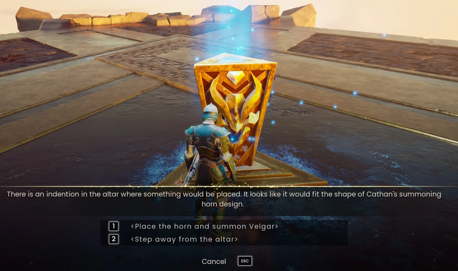 The dragonkin altar at Velgar’s Rise with the prompt to place the Challenge Horn and summon Velgar