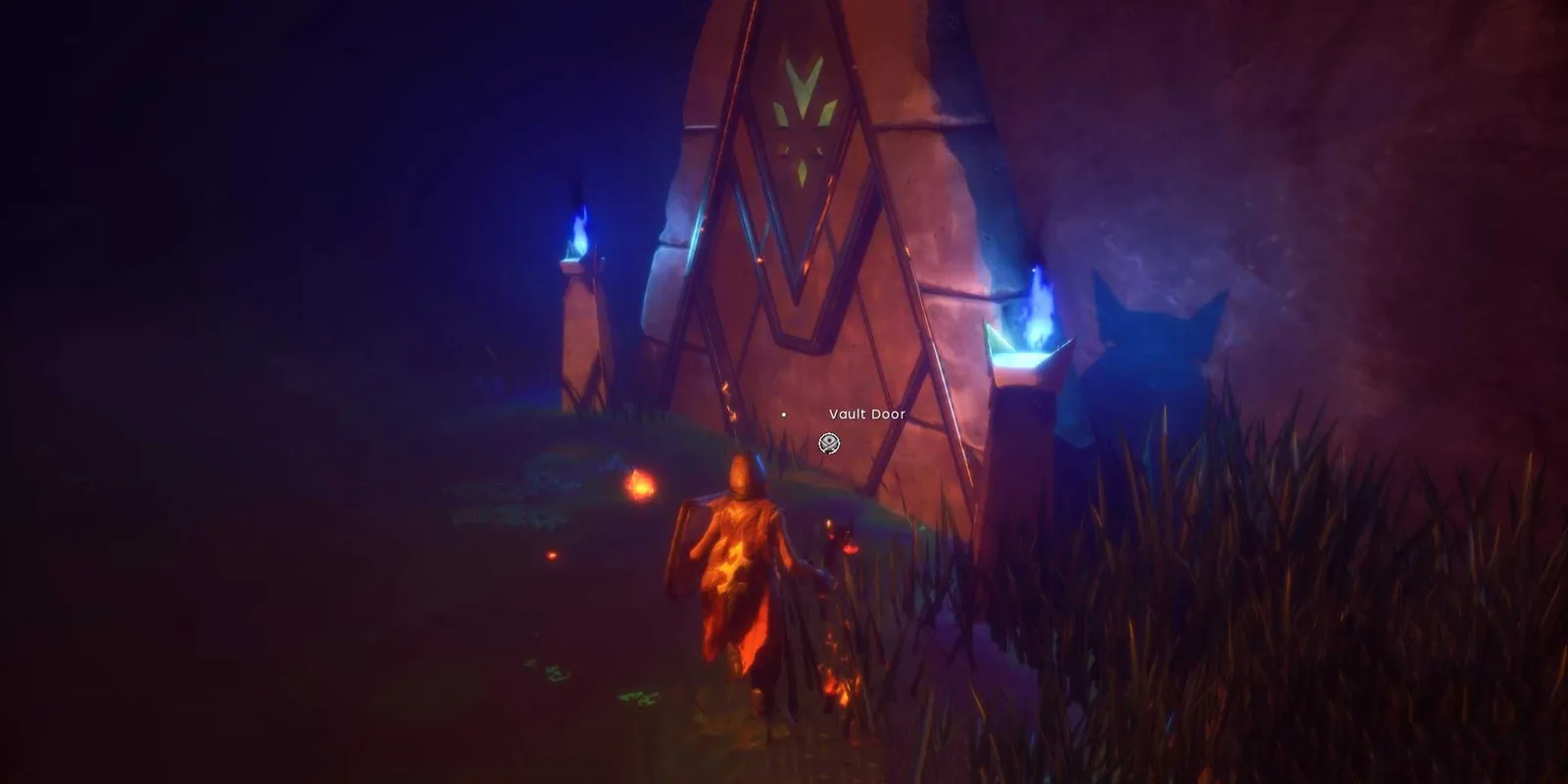 The blue-flame entrance to the Vertentis Kara vault in Whispering Swamp