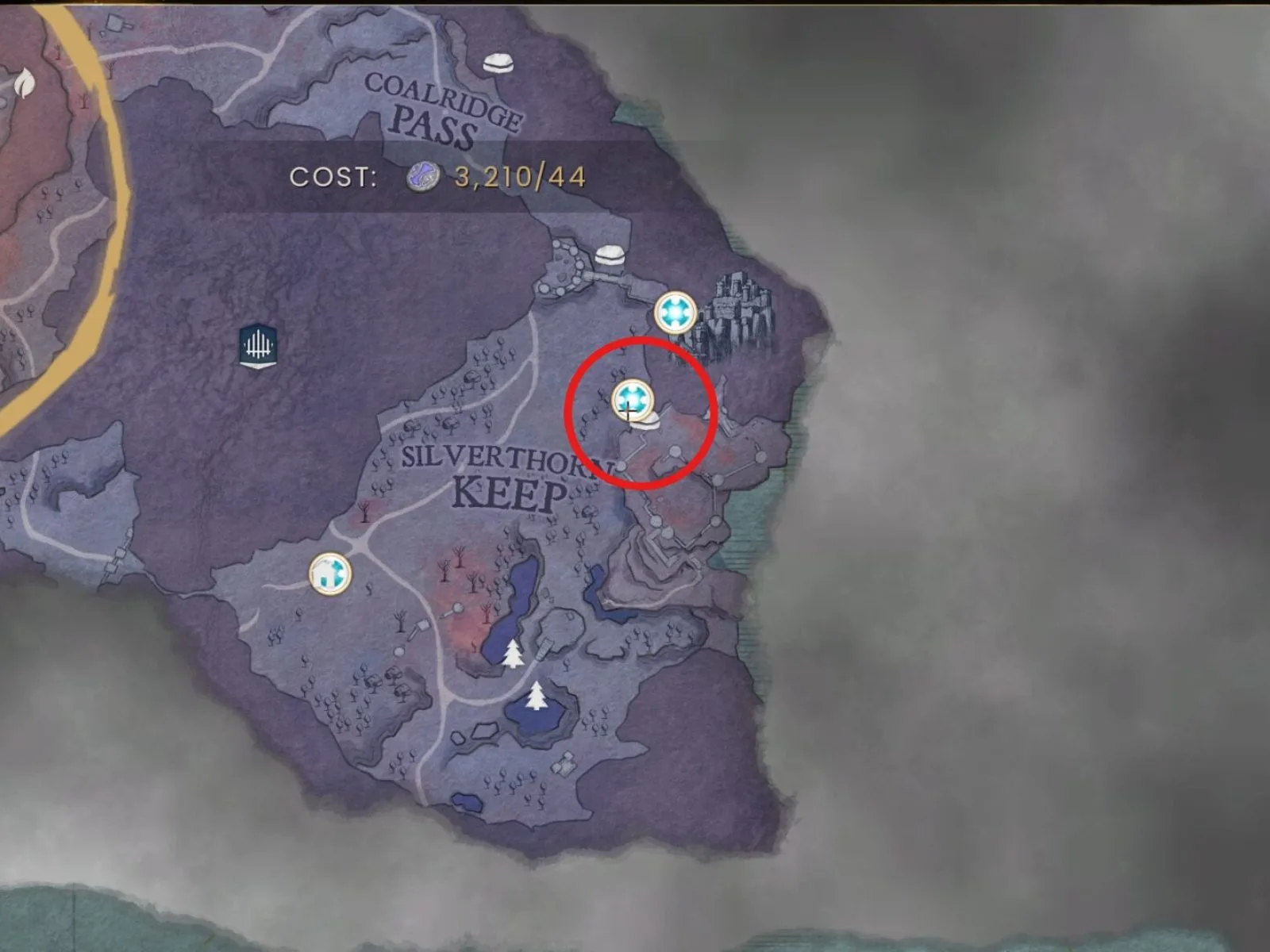 Fellhollow map marking the cave route near Silverthorn Keep