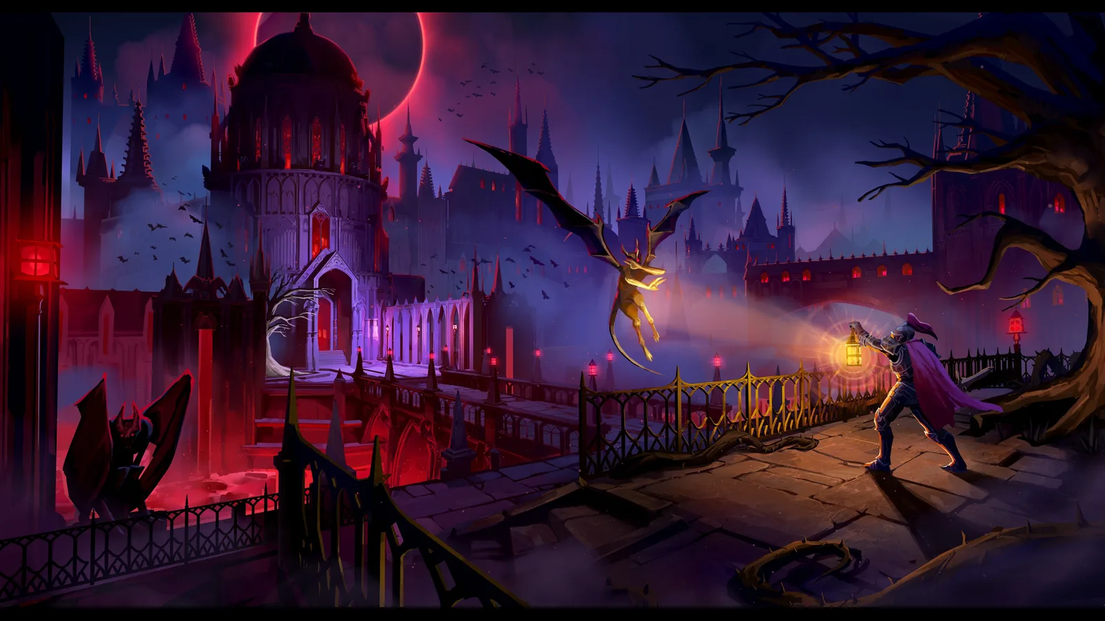 Official Dragonwilds Blood Crystal Saga concept art with a lantern-bearing adventurer and a red eclipse