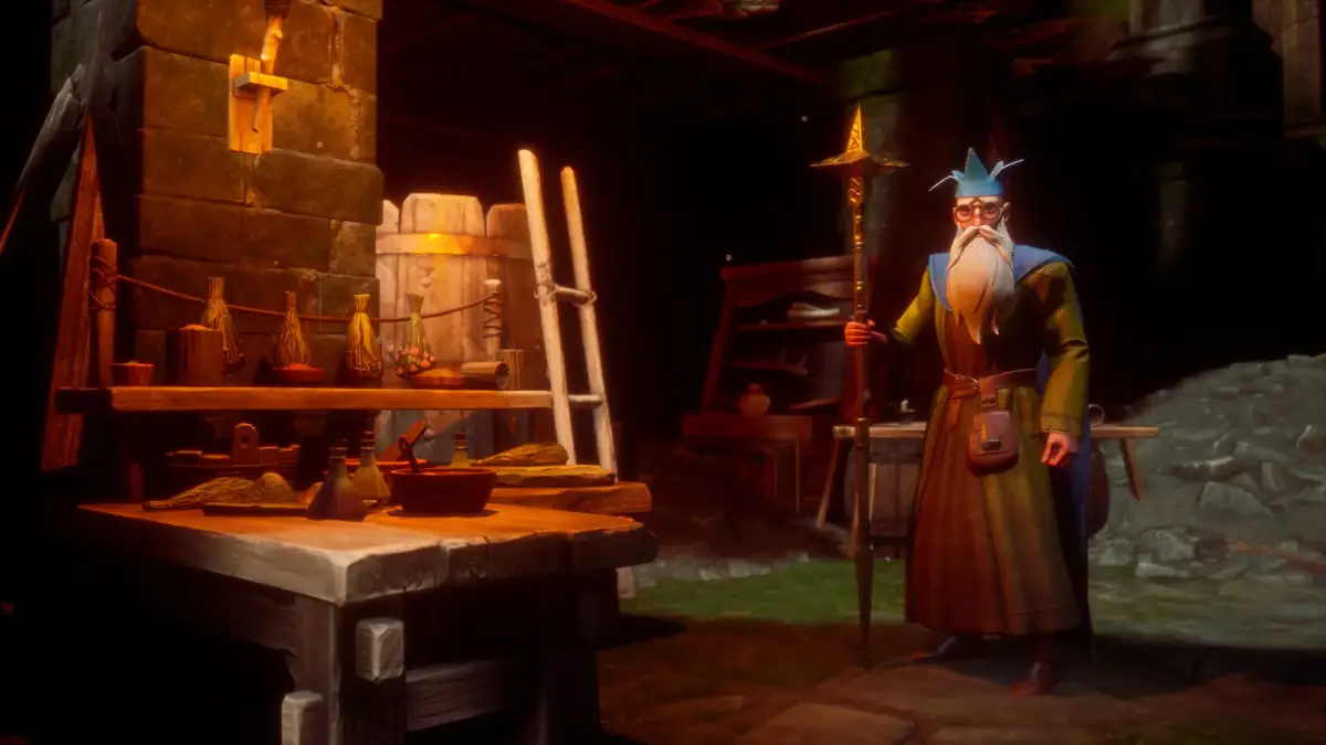 The Wise Old Man holding a staff beside a workbench in Dragonwilds