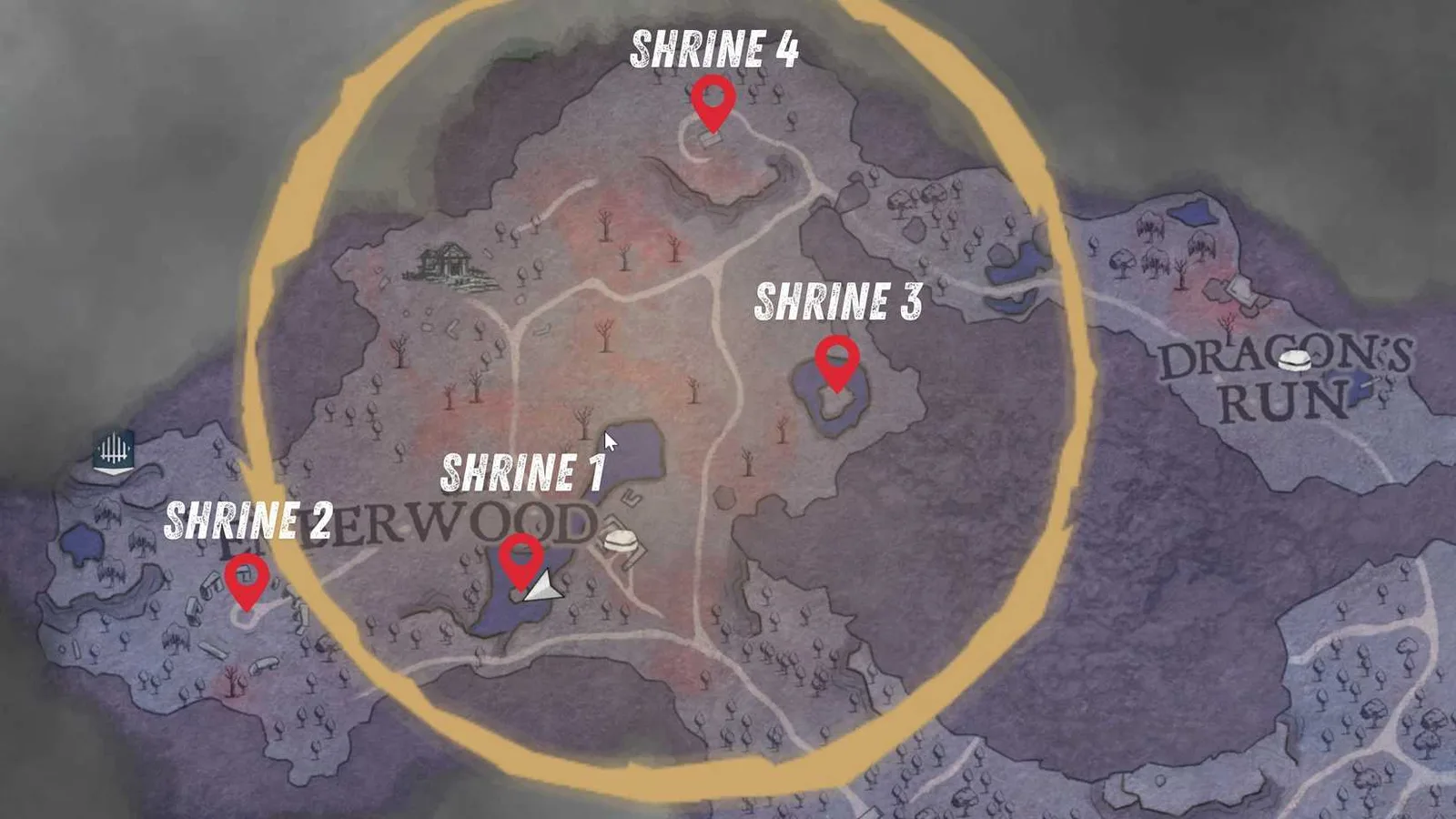 Map showing the four shrine locations around Emberwood Village