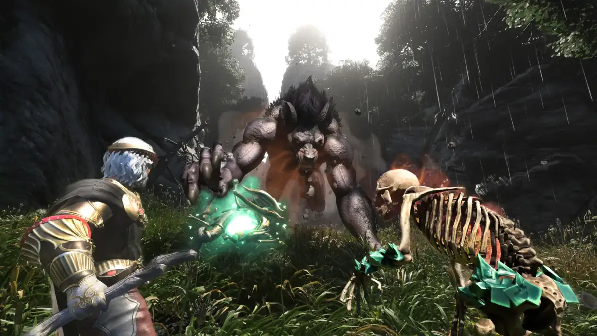 An Enshrouded spellcaster fighting a large creature alongside another character