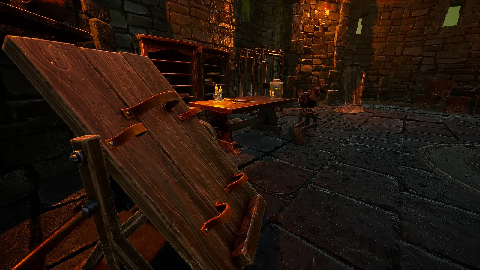Fenkenstrain's laboratory with an examination table and the doctor's head