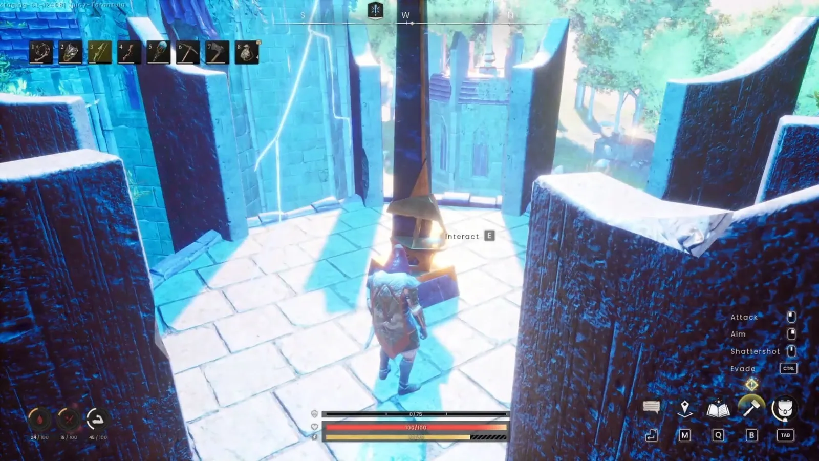 Player standing beside the final glowing orb pedestal on a Runecrafting Guild tower