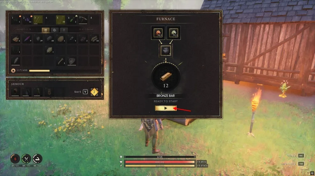 RuneScape: Dragonwilds furnace interface ready to smelt Bronze Bars