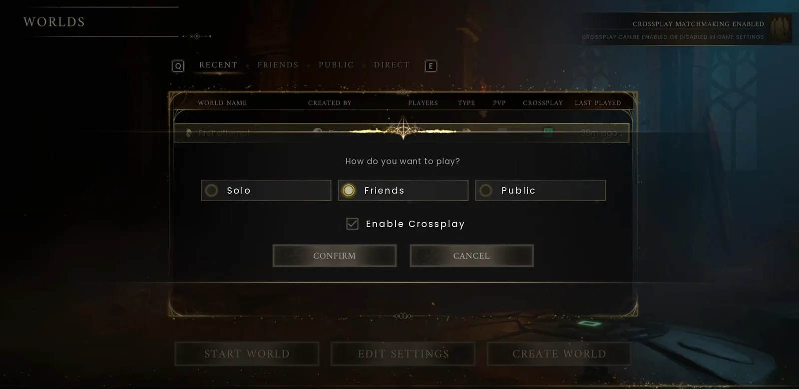 World loading dialog with Friends selected and Enable Crossplay checked