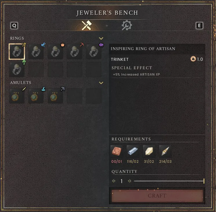 Jeweler’s Bench interface with Inspiring Ring of Artisan selected