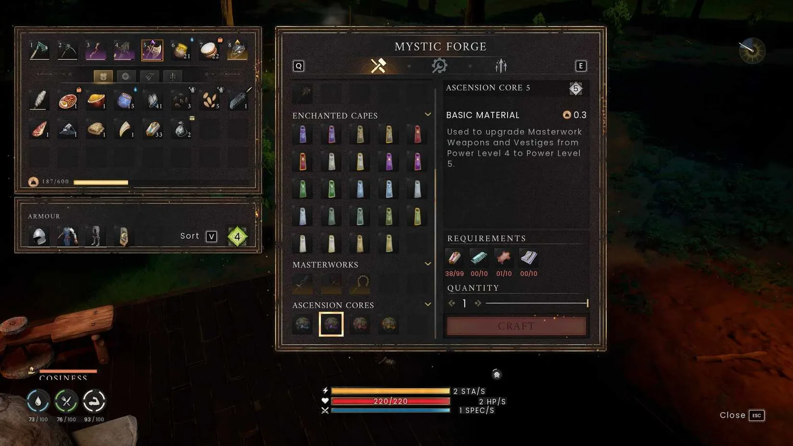 Mystic Forge interface showing the Ascension Core 5 crafting recipe and required materials