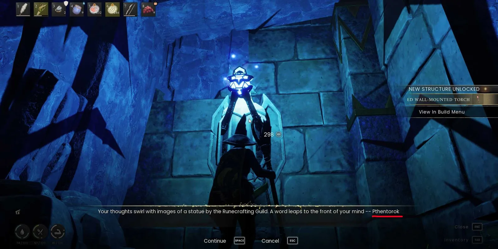 Glowing blue Pthentorok statue inside the vault with the password shown in the dialogue text