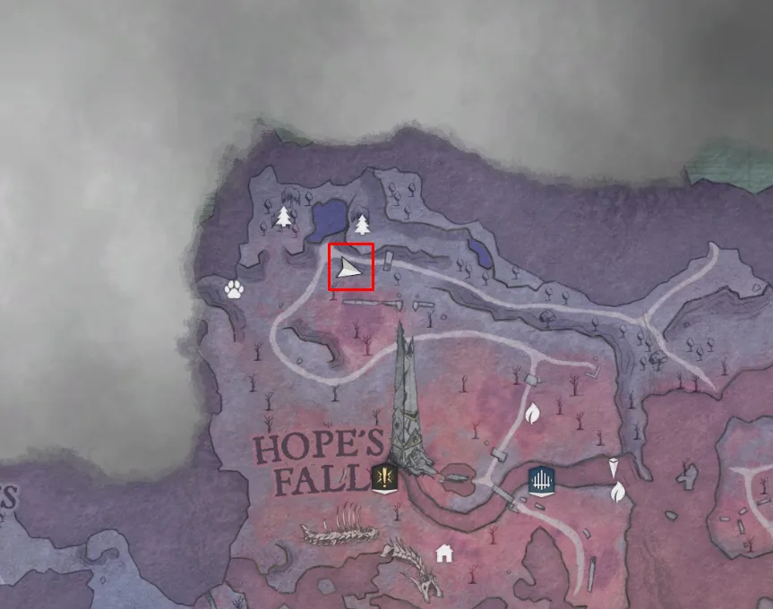 Map showing the Reminiscing Ghost at the ruined gates north of the dragon spire in Hope's Fall.