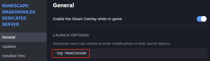 Steam installation screen for the RuneScape: Dragonwilds dedicated server with the Launch Options field visible