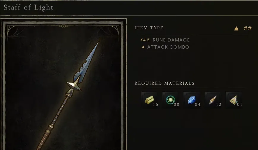 Staff of Light crafting interface showing the weapon and required materials