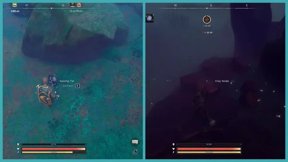 RuneScape: Dragonwilds screenshot showing a Swamp Tar deposit beside a Clay node