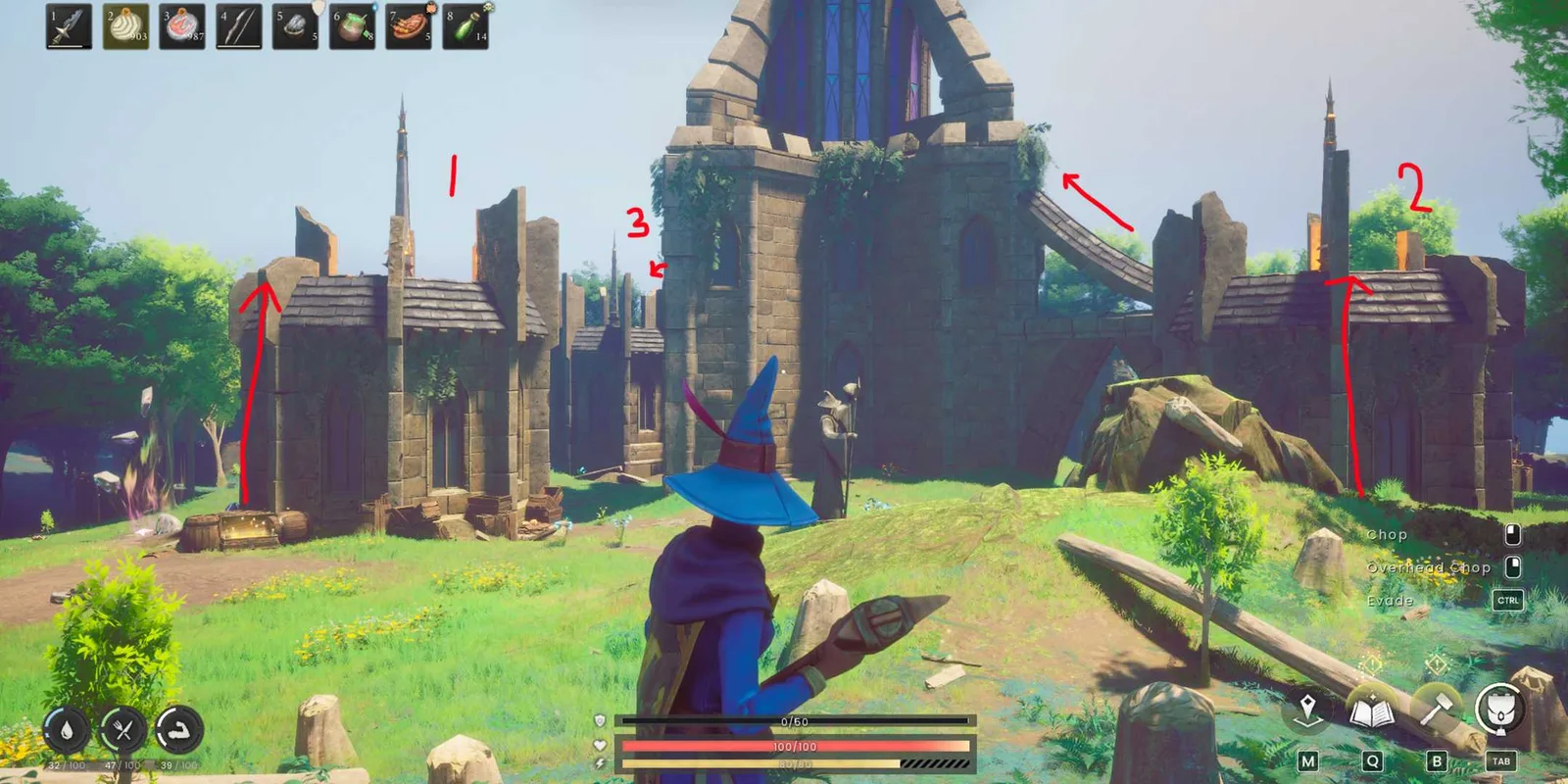 Annotated overview of the three Runecrafting Guild towers and the Windstep traversal route