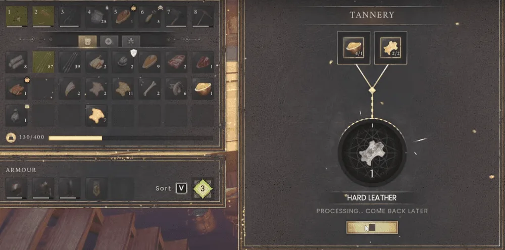RuneScape Dragonwilds Tannery interface with Leather and Adhesive loaded