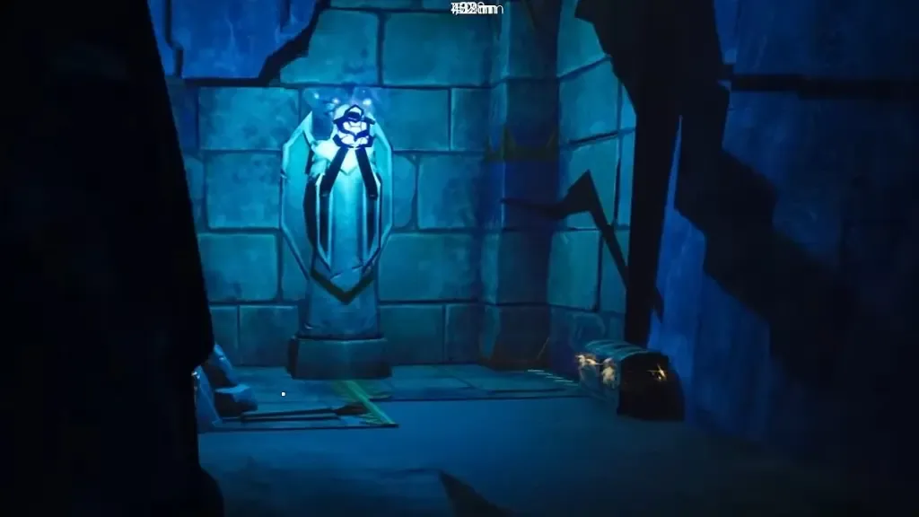 Blue-lit hidden Dragonkin statue room inside the vault, with a chest beside the statue