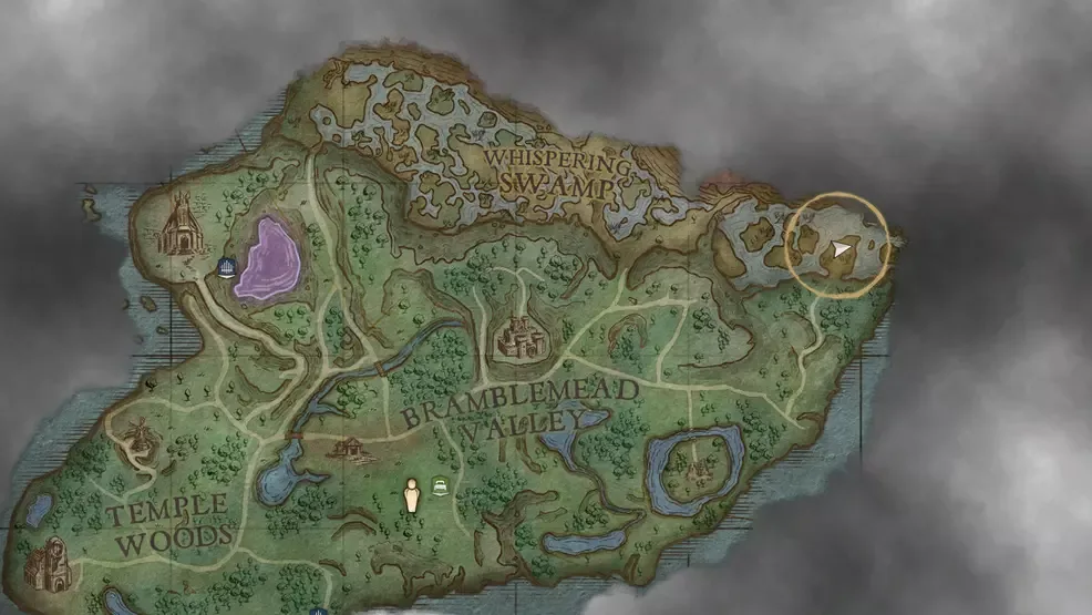 RuneScape: Dragonwilds map showing the Whispering Swamp north of Bramblemead Valley